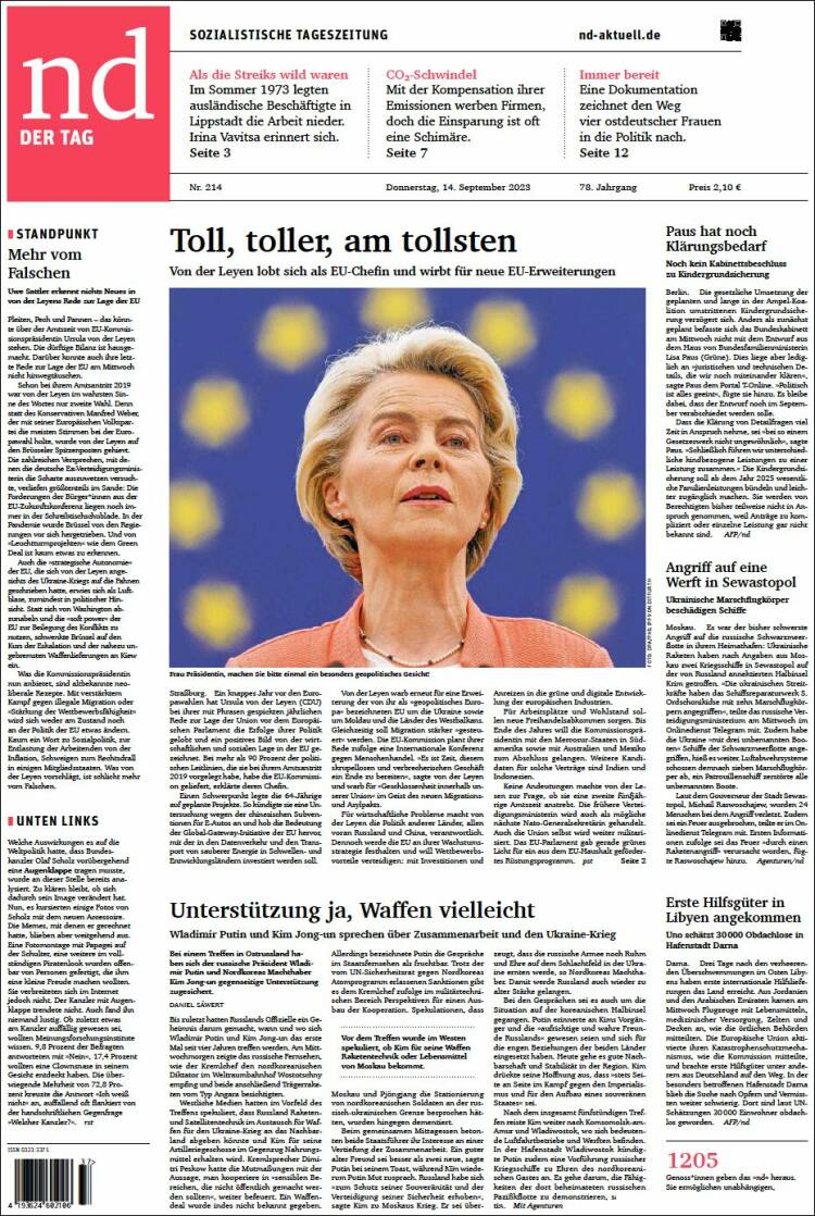 Portada de Neues Deutschland (Alemania)