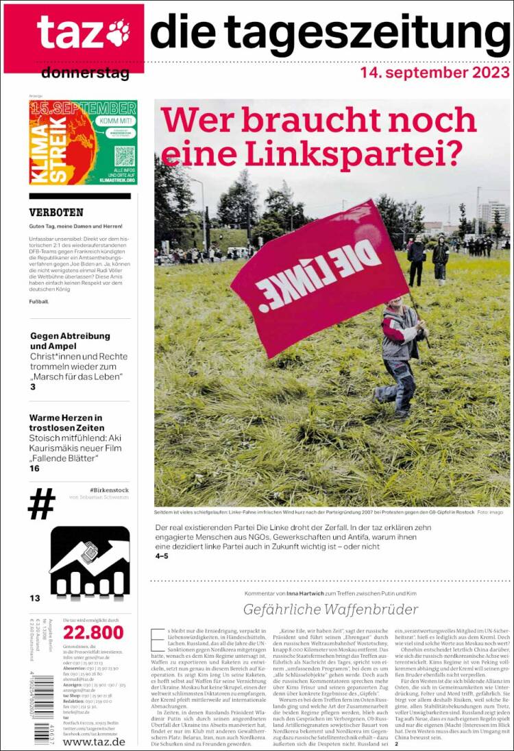 Portada de Die Tageszeitung (Alemania)