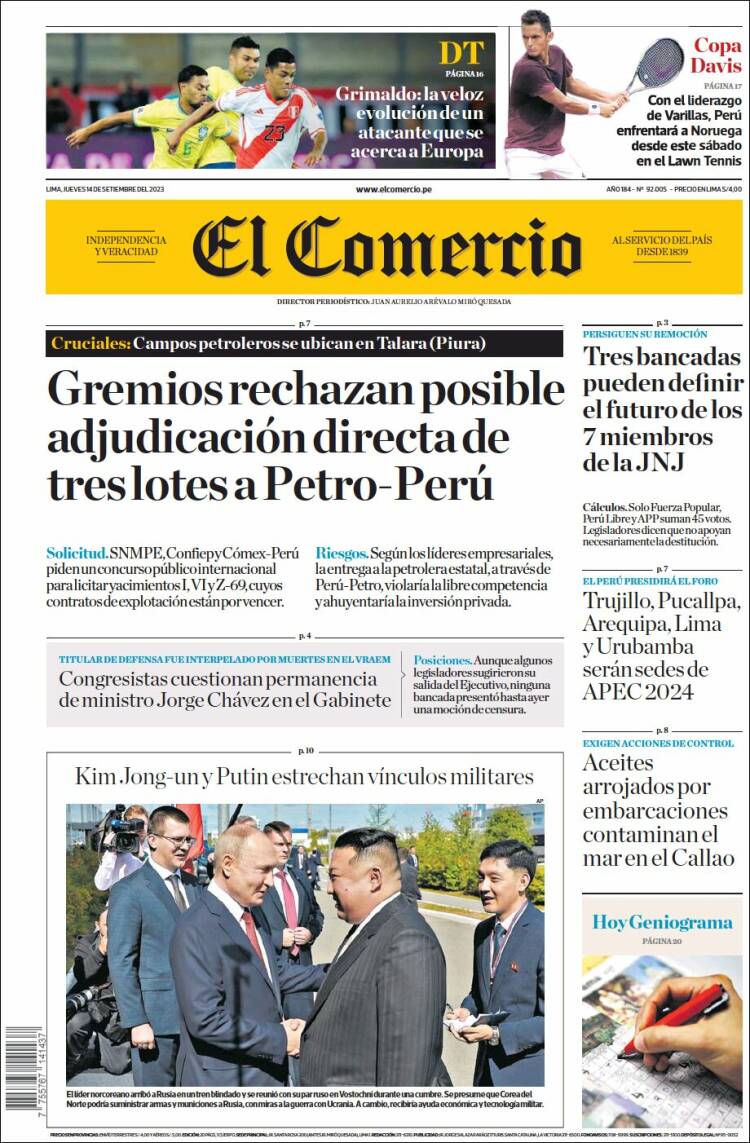Portada de El Comercio (Per&uacute;)