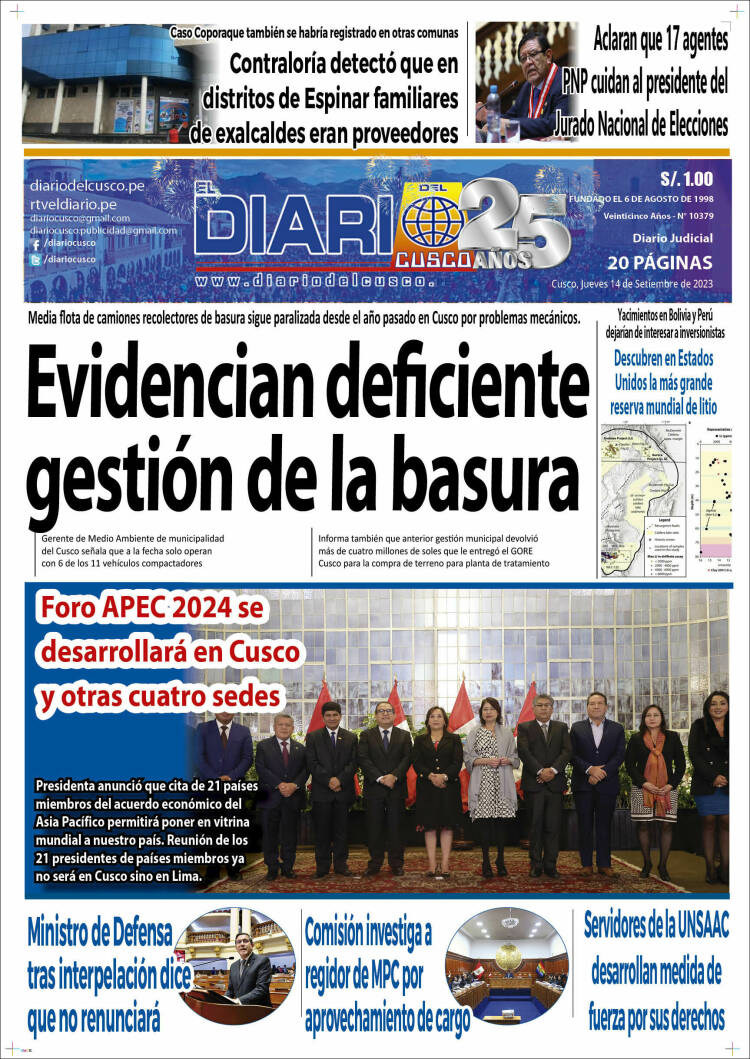 Portada de El Diario del Cusco (Per&uacute;)
