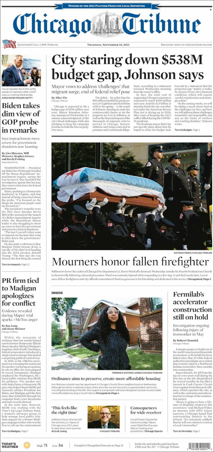 Portada de Chicago Tribune (USA)