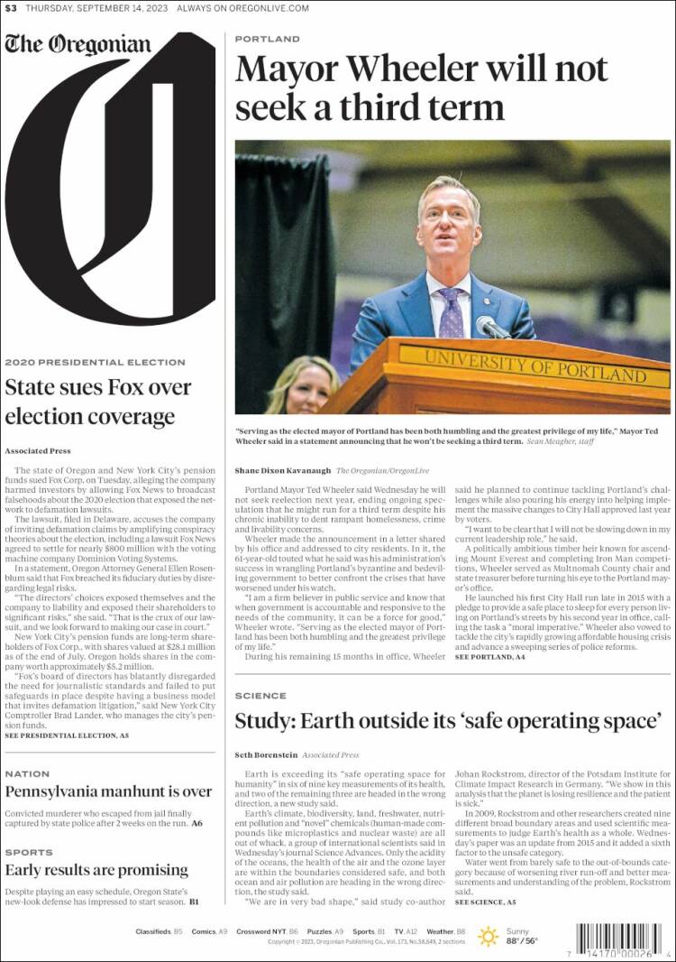 Portada de The Oregonian (USA)