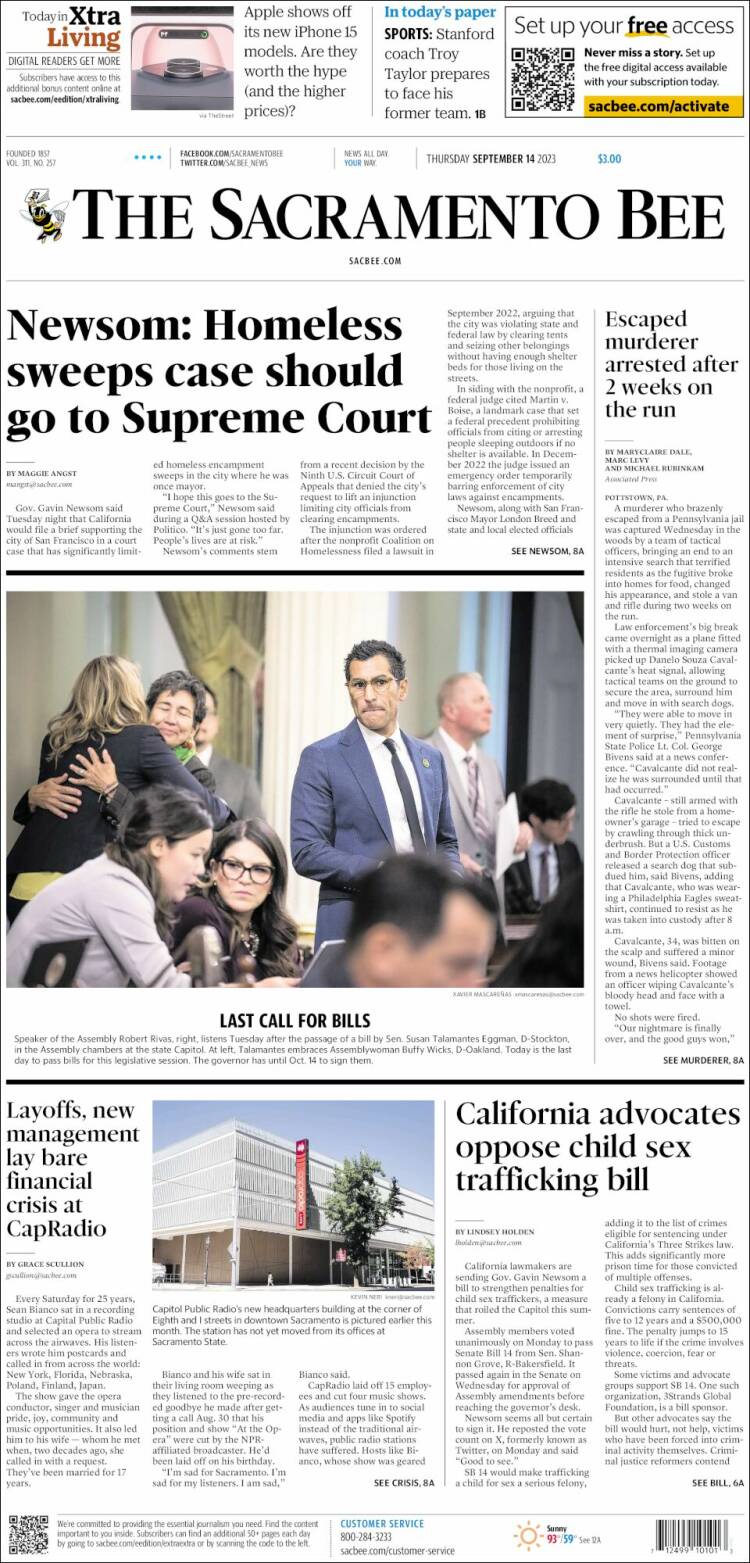 Portada de The Sacramento Bee (USA)