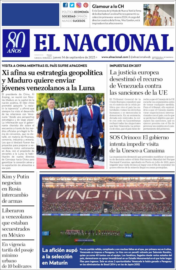 Portada de El Nacional (Venezuela)