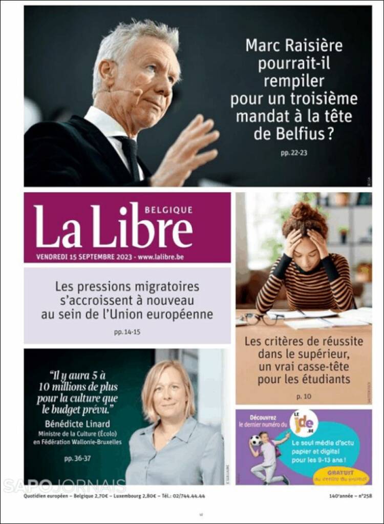 Portada de La Libre.be (B&eacute;lgica)