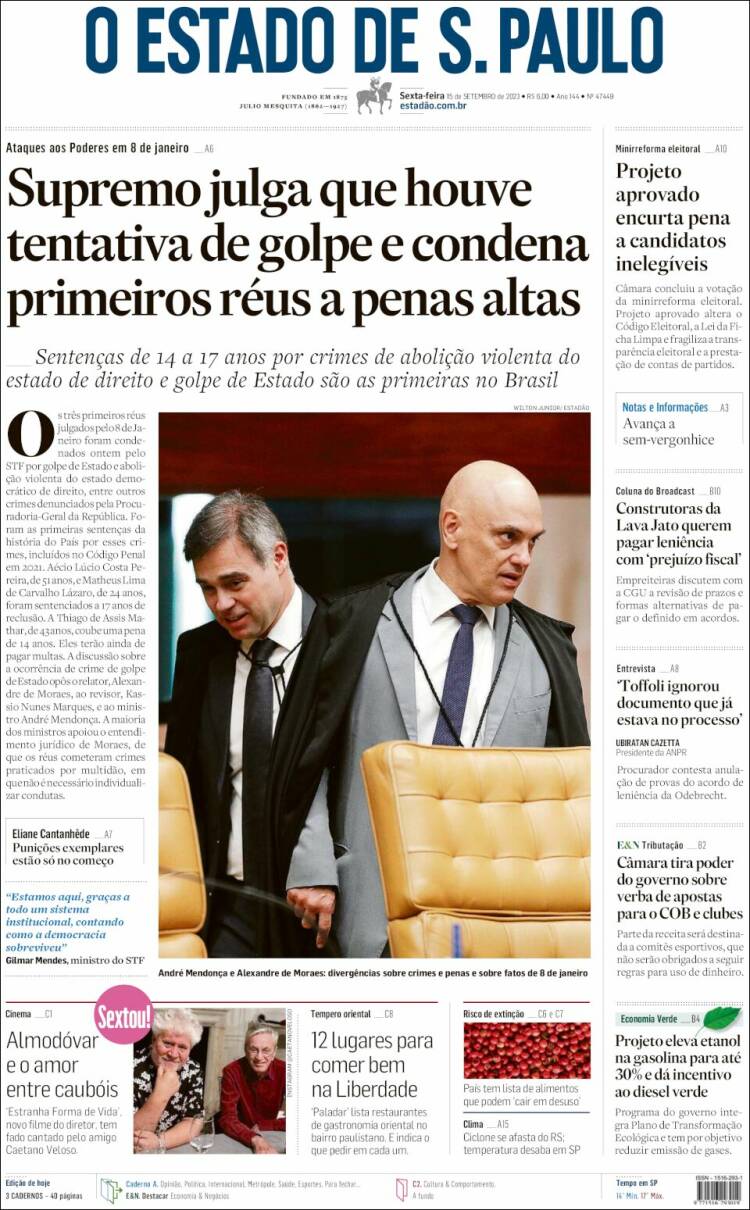 Portada de O Estado de São Paulo (Brasil)