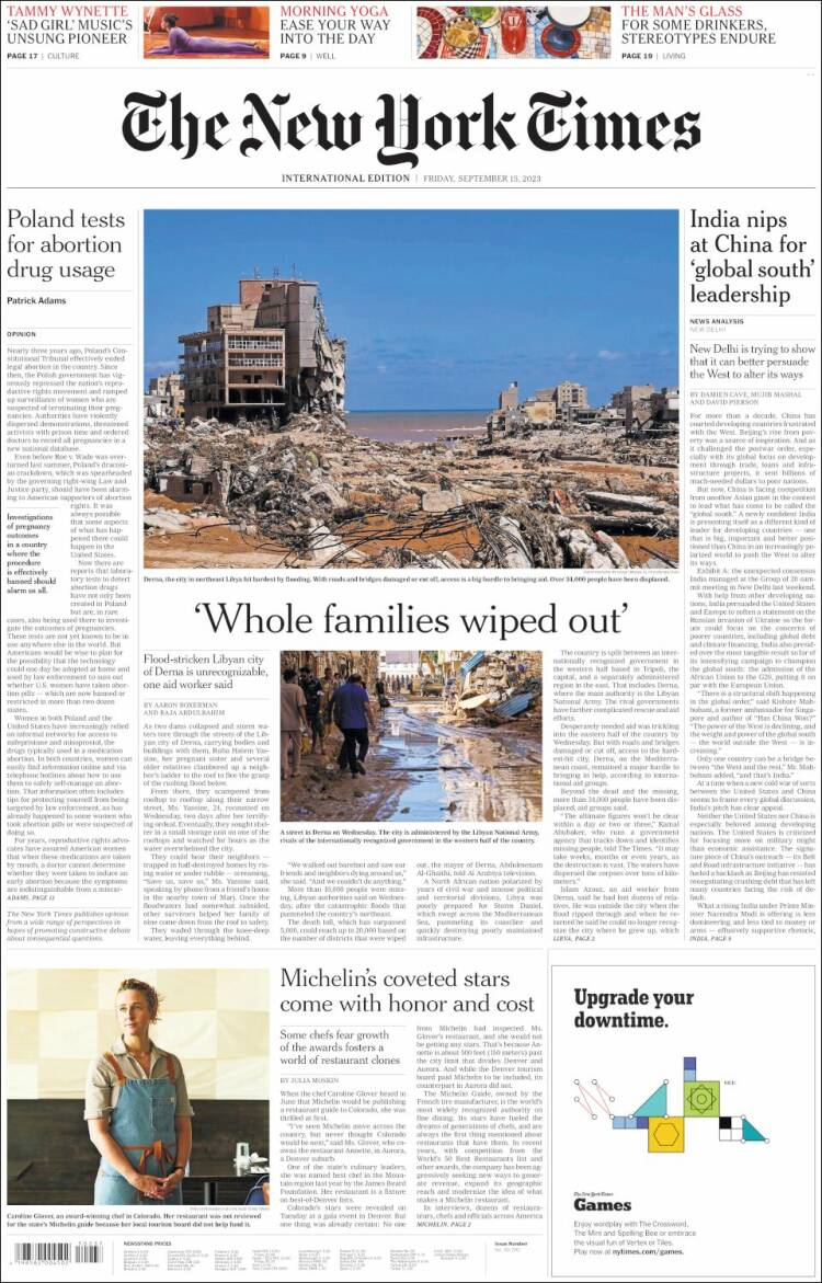 Portada de International New York Times (Europa)