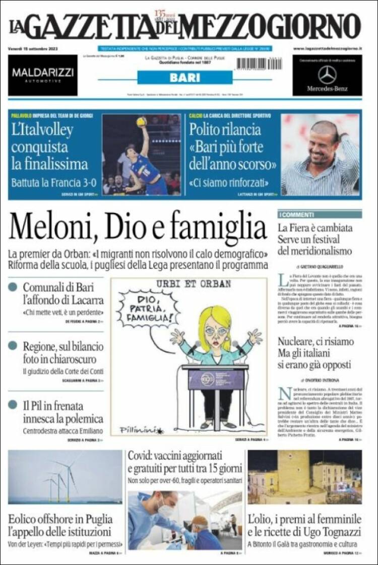 Portada de La Gazzetta del Mezzogiorno (Italia)