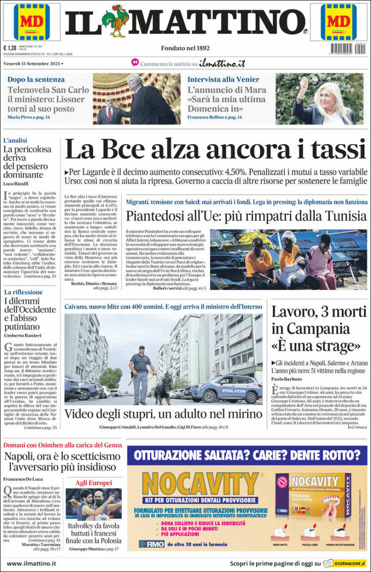 Portada de Il Mattino (Italia)