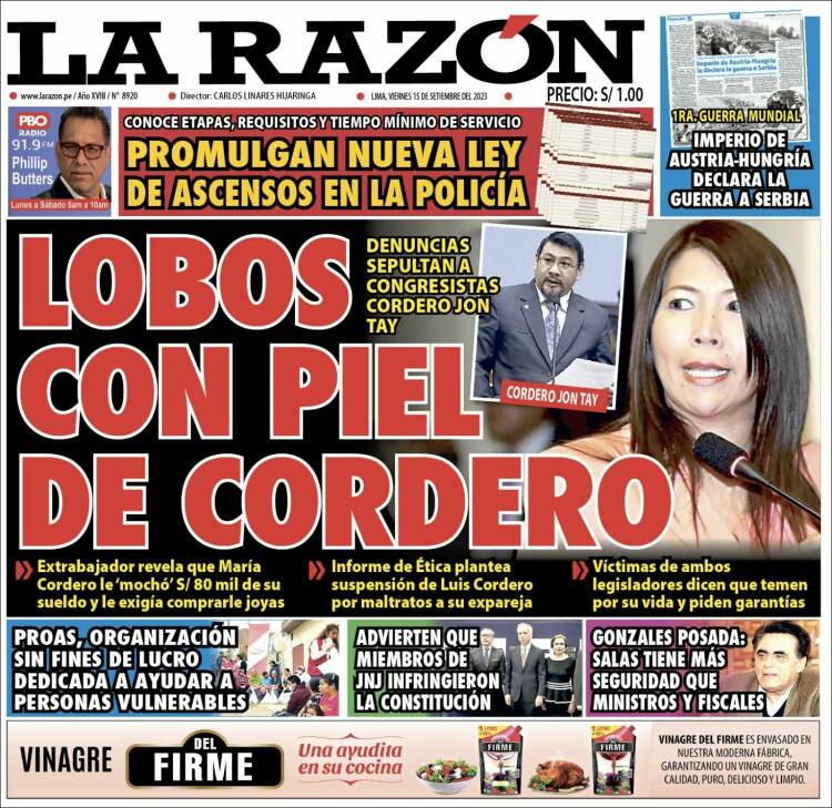 Portada de La Razón (Per&uacute;)