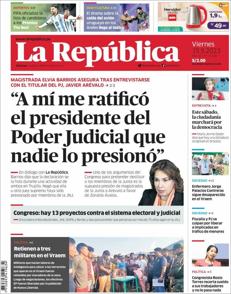 Portada de La Republica (Per&uacute;)