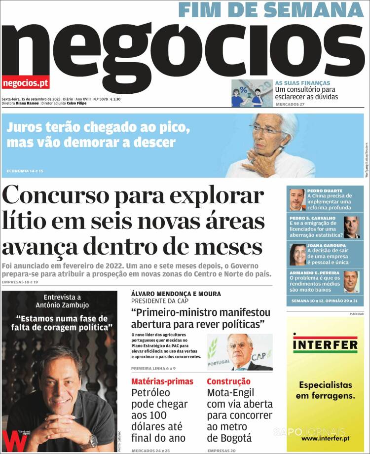 Portada de Jornal de Negócios (Portugal)
