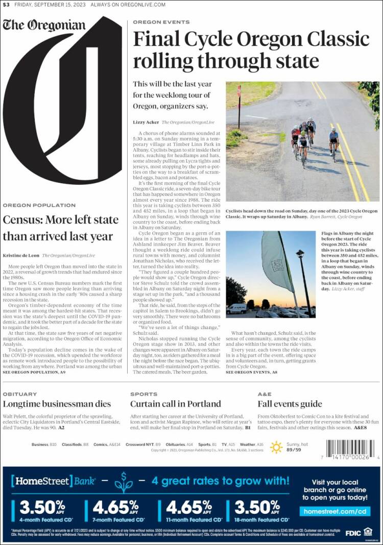 Portada de The Oregonian (USA)