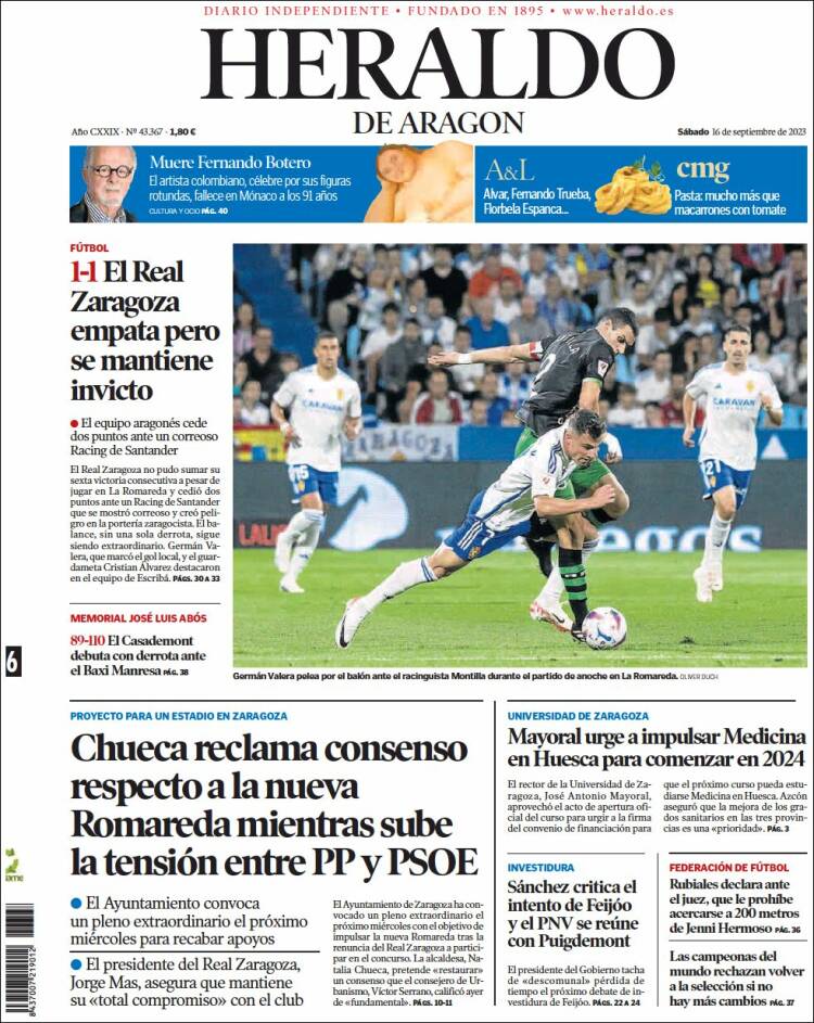 Portada de Heraldo de Aragón (España)