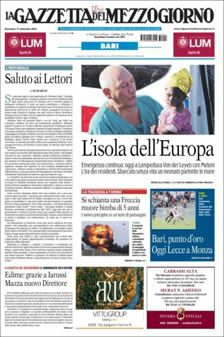 Portada de La Gazzetta del Mezzogiorno (Italia)