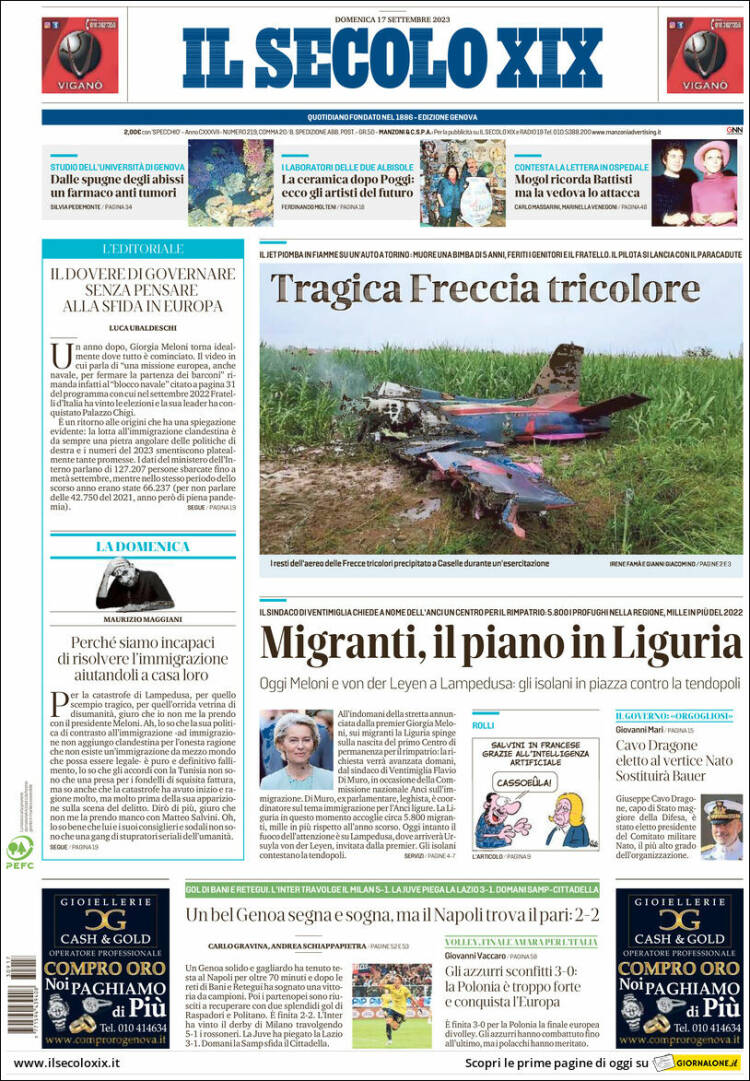 Portada de Il Secolo XIX (Italia)