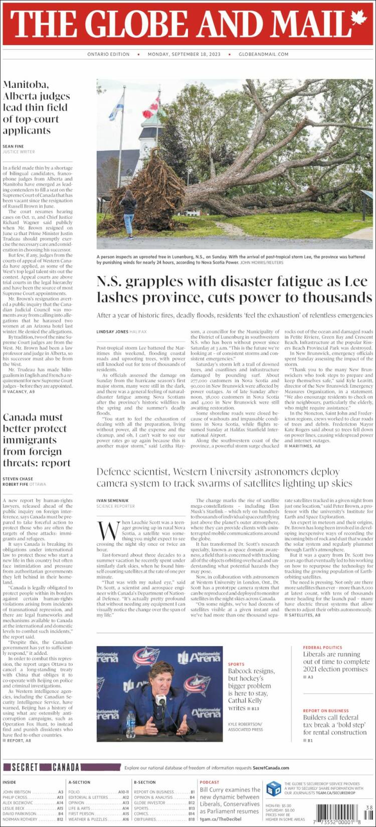 Portada de The Globe and Mail (Canadá)