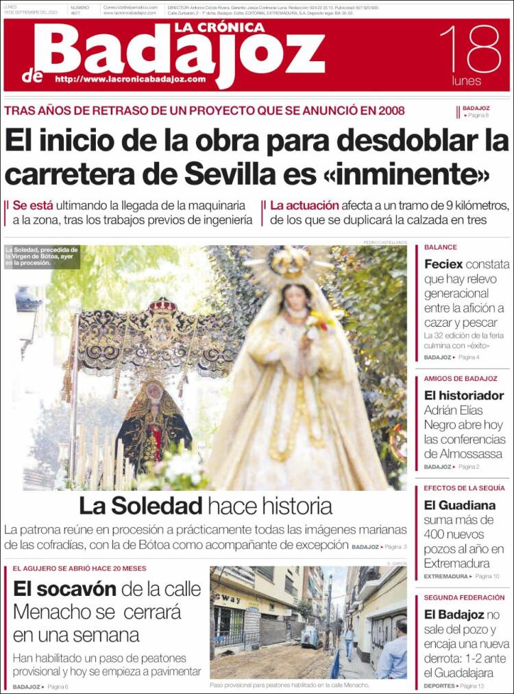 Portada de La Crónica de Badajoz (España)