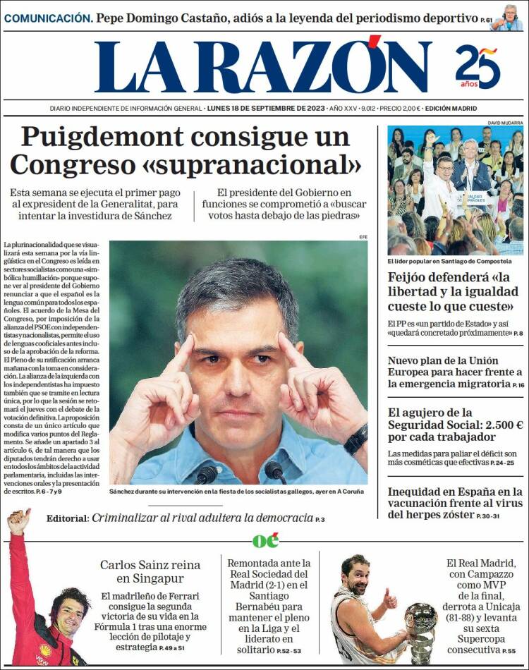 Portada de La Razón (España)