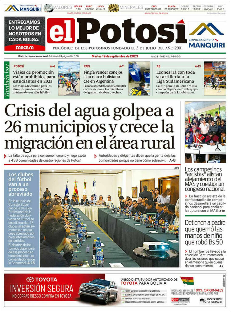 Portada de Diario de Potosí (Bolivia)