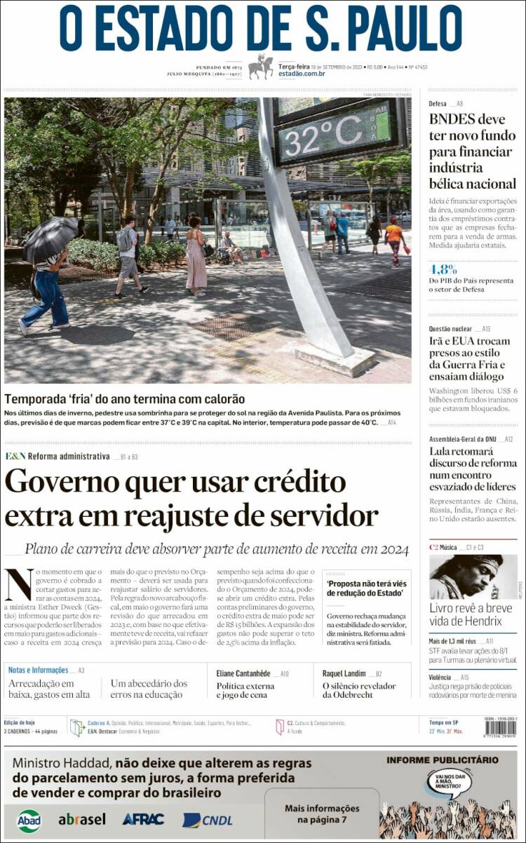 Portada de O Estado de São Paulo (Brasil)