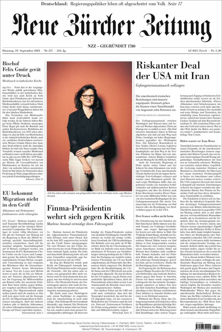 Portada de Neue Zürcher Zeitung (Switzerland)