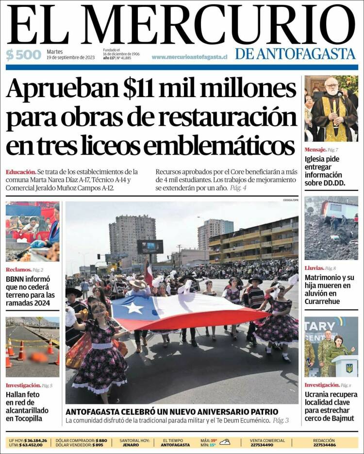 Portada de El Mercurio de Antofagasta (Chile)