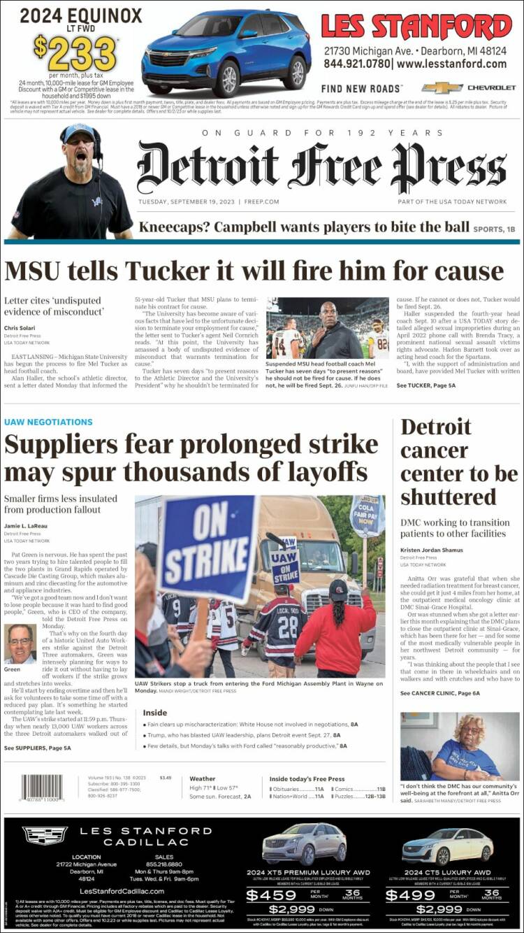 Portada de Detroit Free Press (USA)