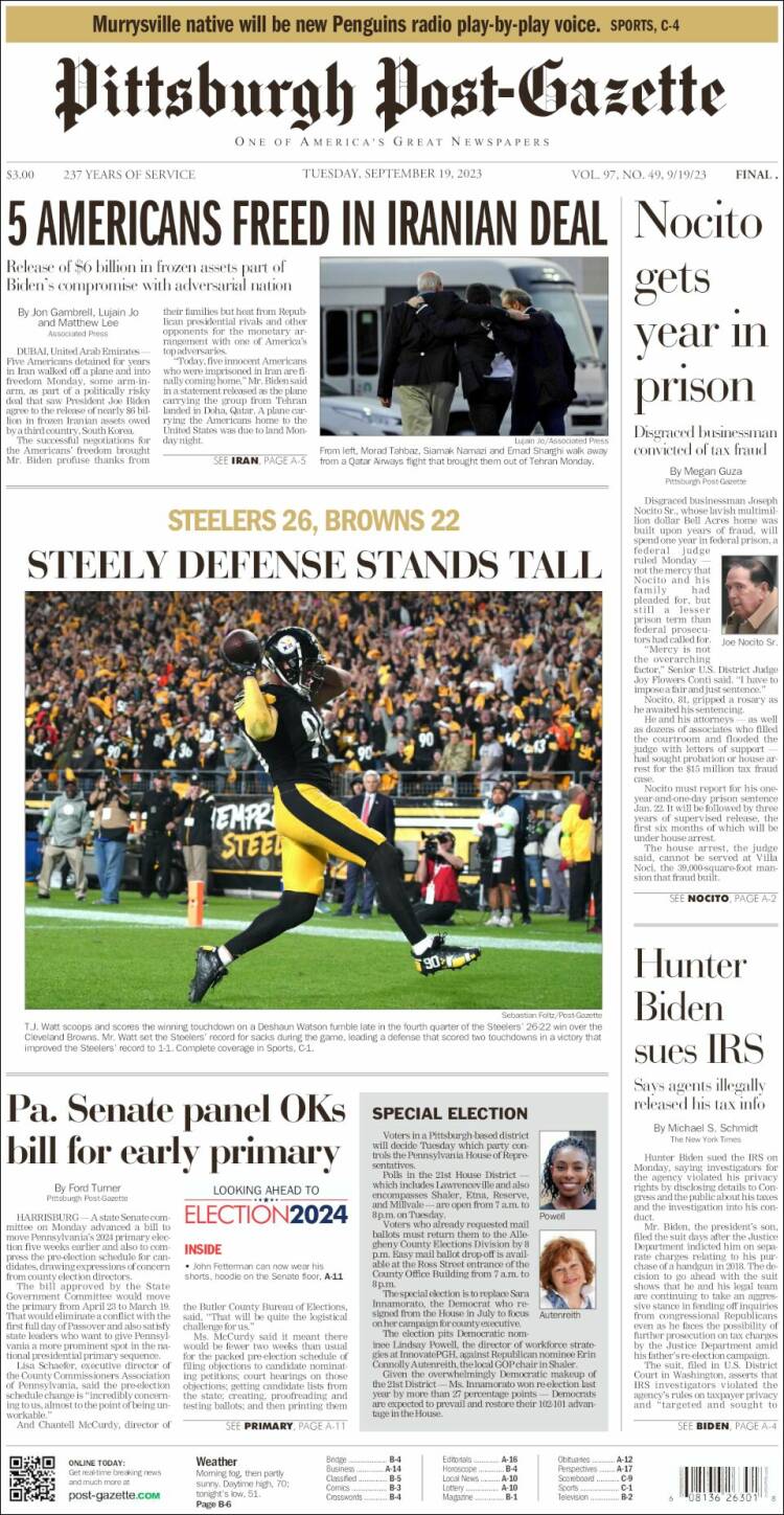 Portada de Pittsburgh Post-Gazette (USA)