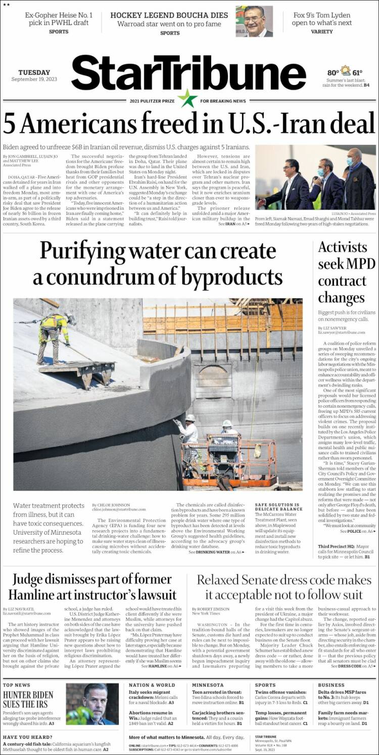 Portada de Star Tribune (USA)