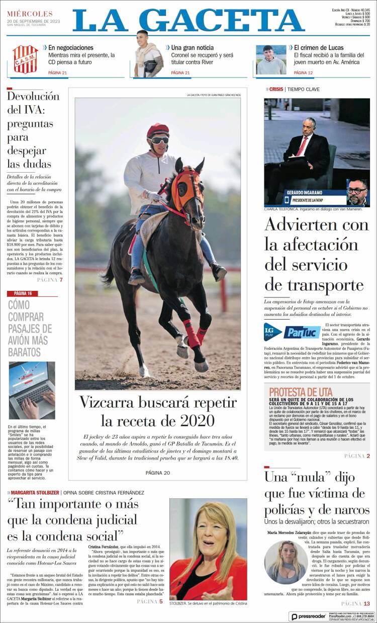 Portada de La Gaceta (Argentina)