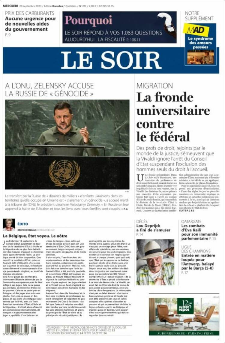 Portada de Le Soir (B&eacute;lgica)
