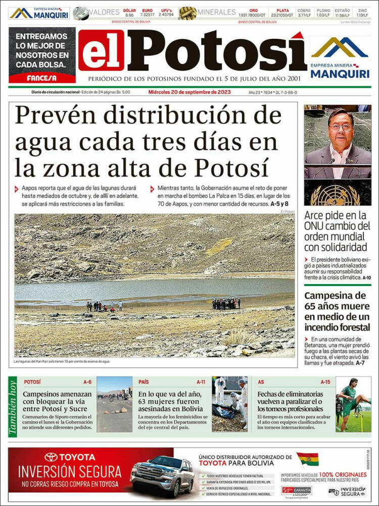 Portada de Diario de Potosí (Bolivia)