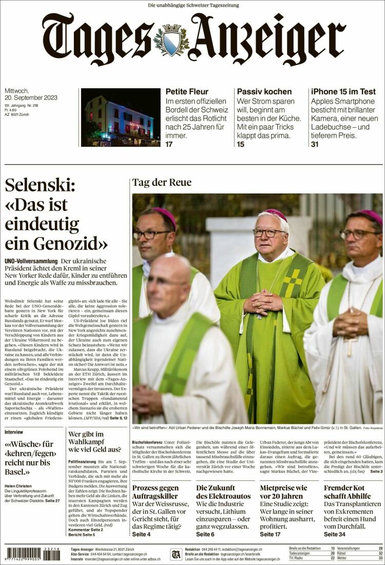 Portada de Tages-Anzeiger (Suiza)