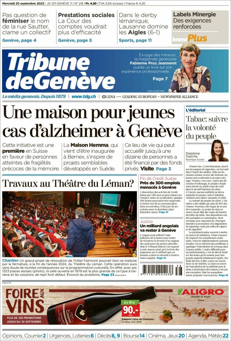 Portada de La Tribune de Genève (Suiza)