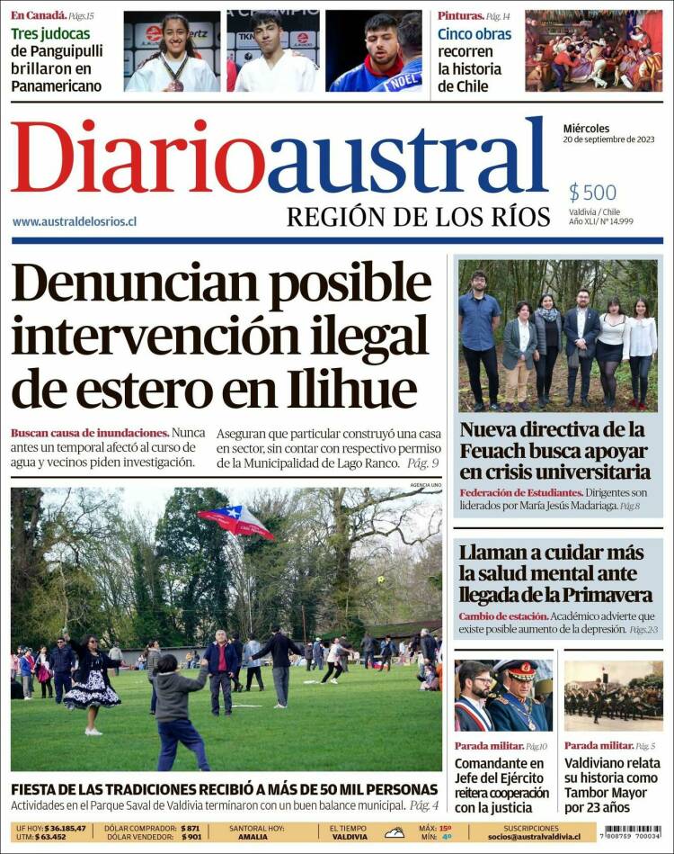 Portada de El Diario Austral de Valdivia (Chile)
