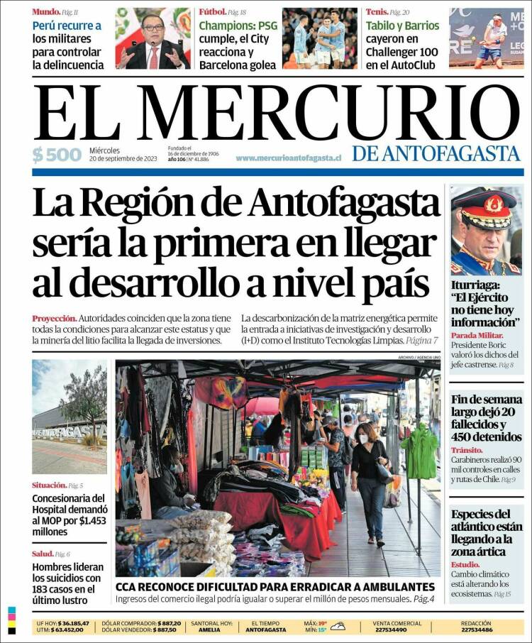 Portada de El Mercurio de Antofagasta (Chile)
