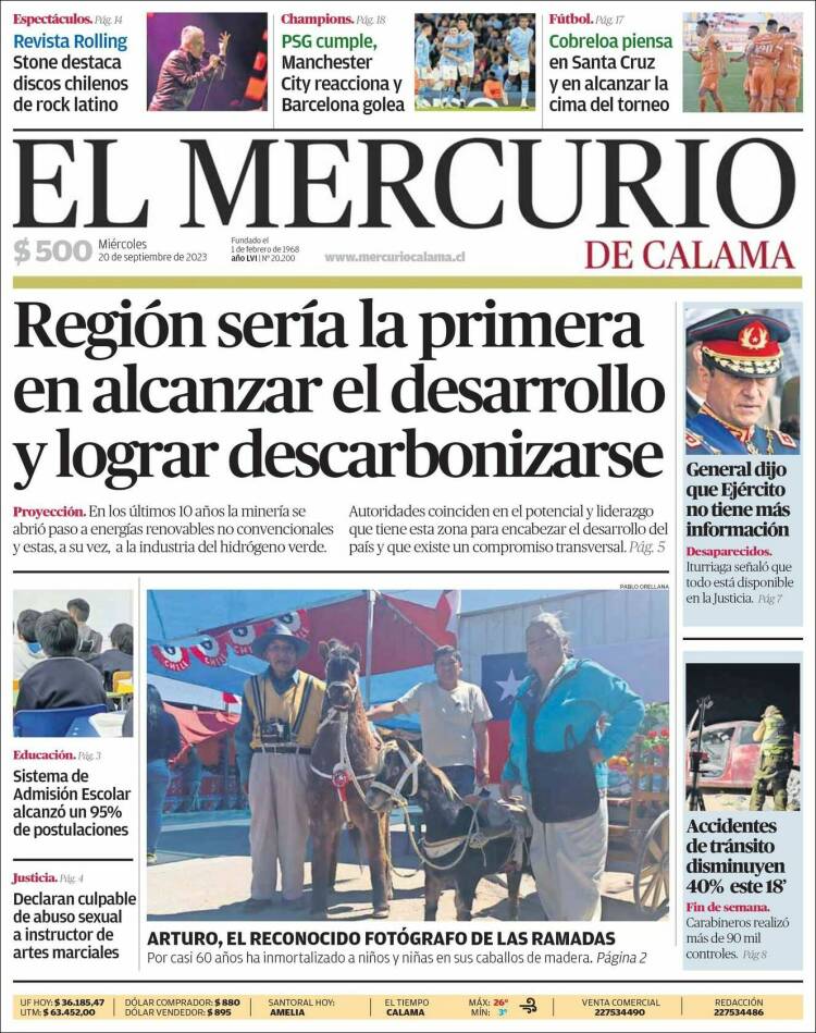 Portada de El Mercurio - Calama (Chile)