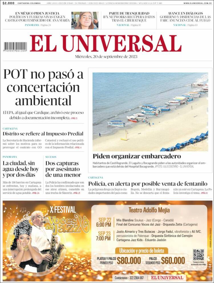 Portada de El Universal (Colombia)