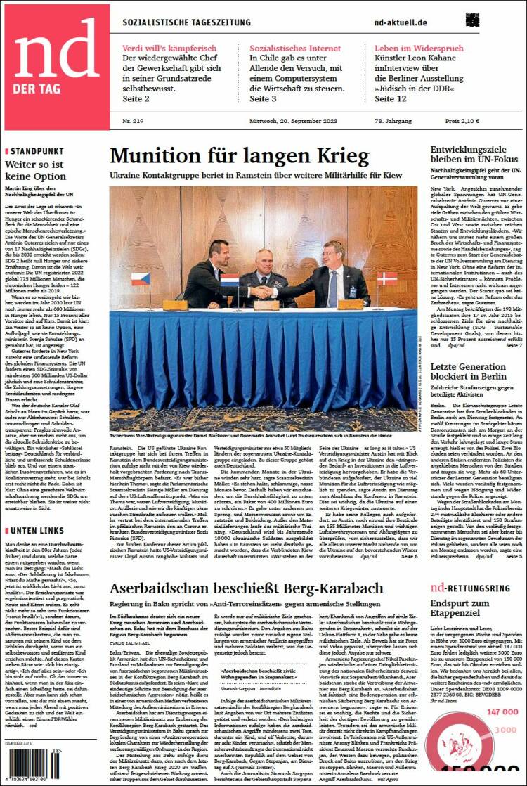 Portada de Neues Deutschland (Alemania)