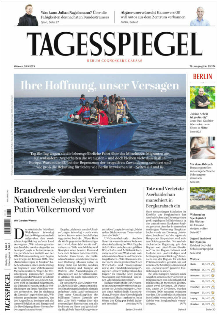 Portada de Der Tagesspiegel (Alemania)
