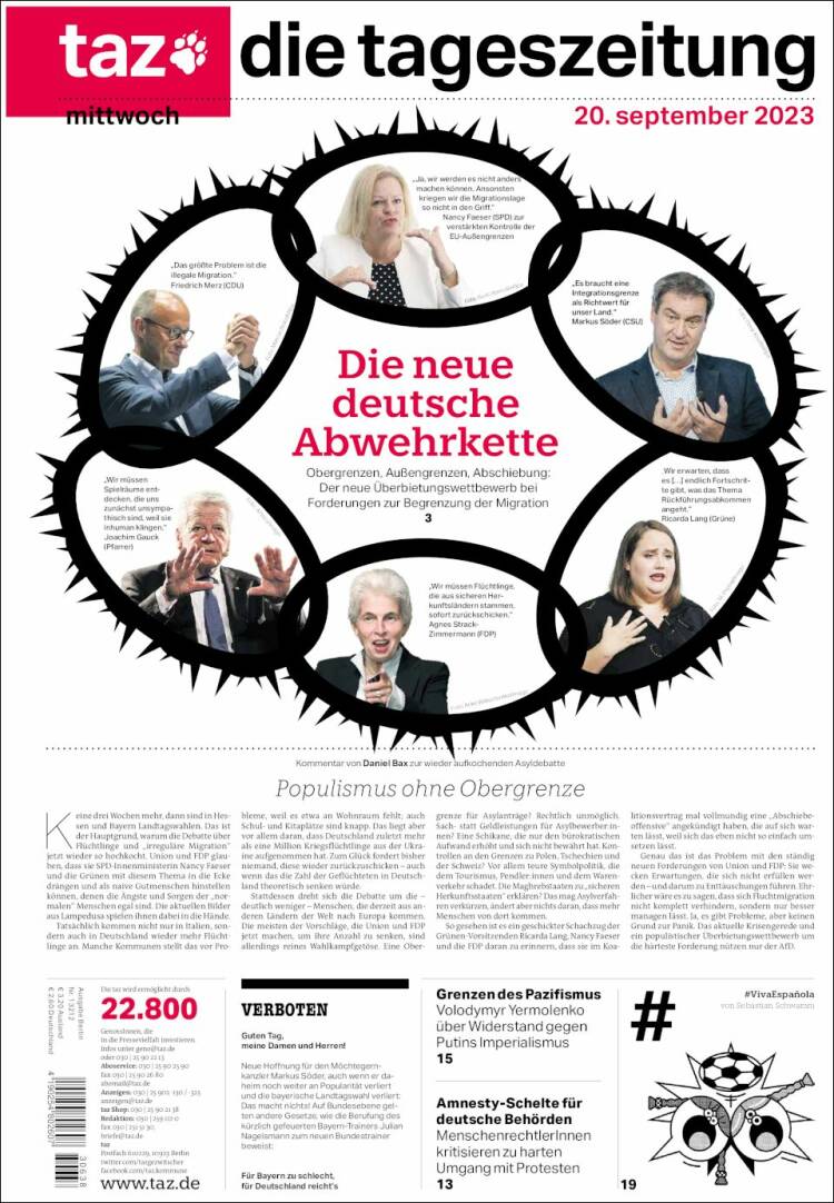 Portada de Die Tageszeitung (Alemania)