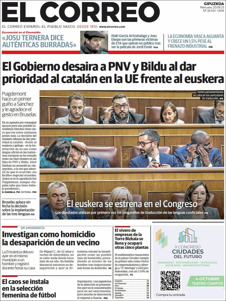 Portada de El Correo - Guipuzcoa (España)