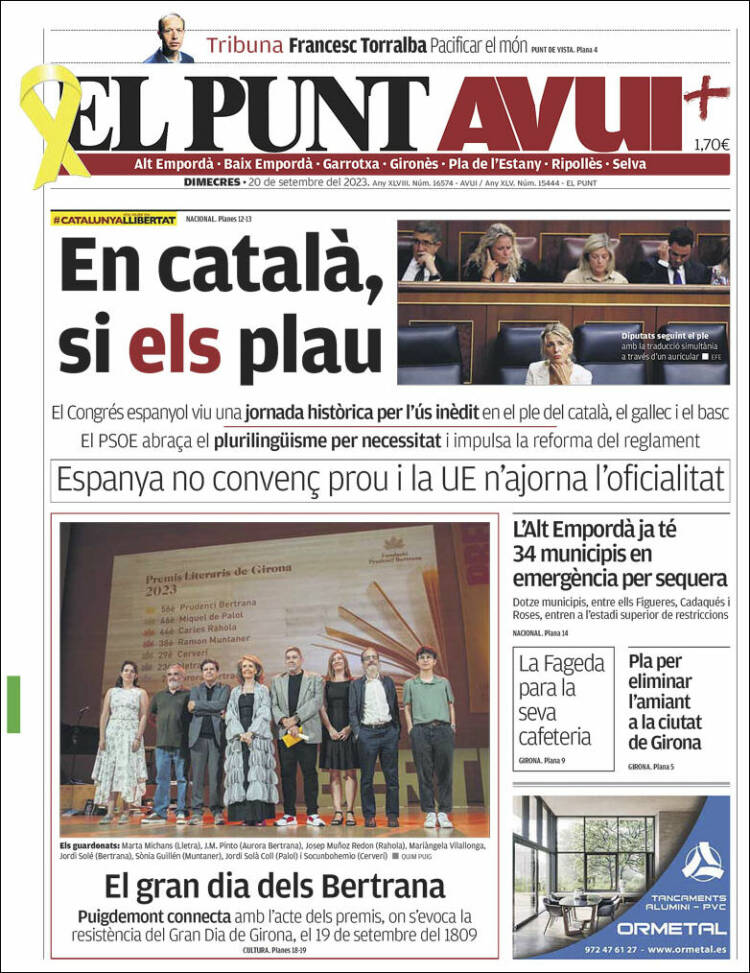 Portada de El Punt Avui - Girona (España)
