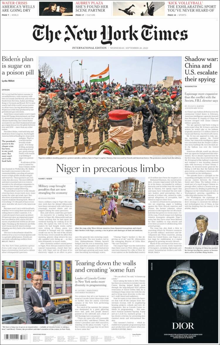 Portada de International New York Times (Europa)