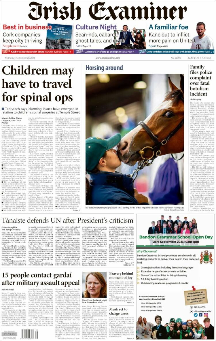 Portada de Irish Examiner (Irlanda)