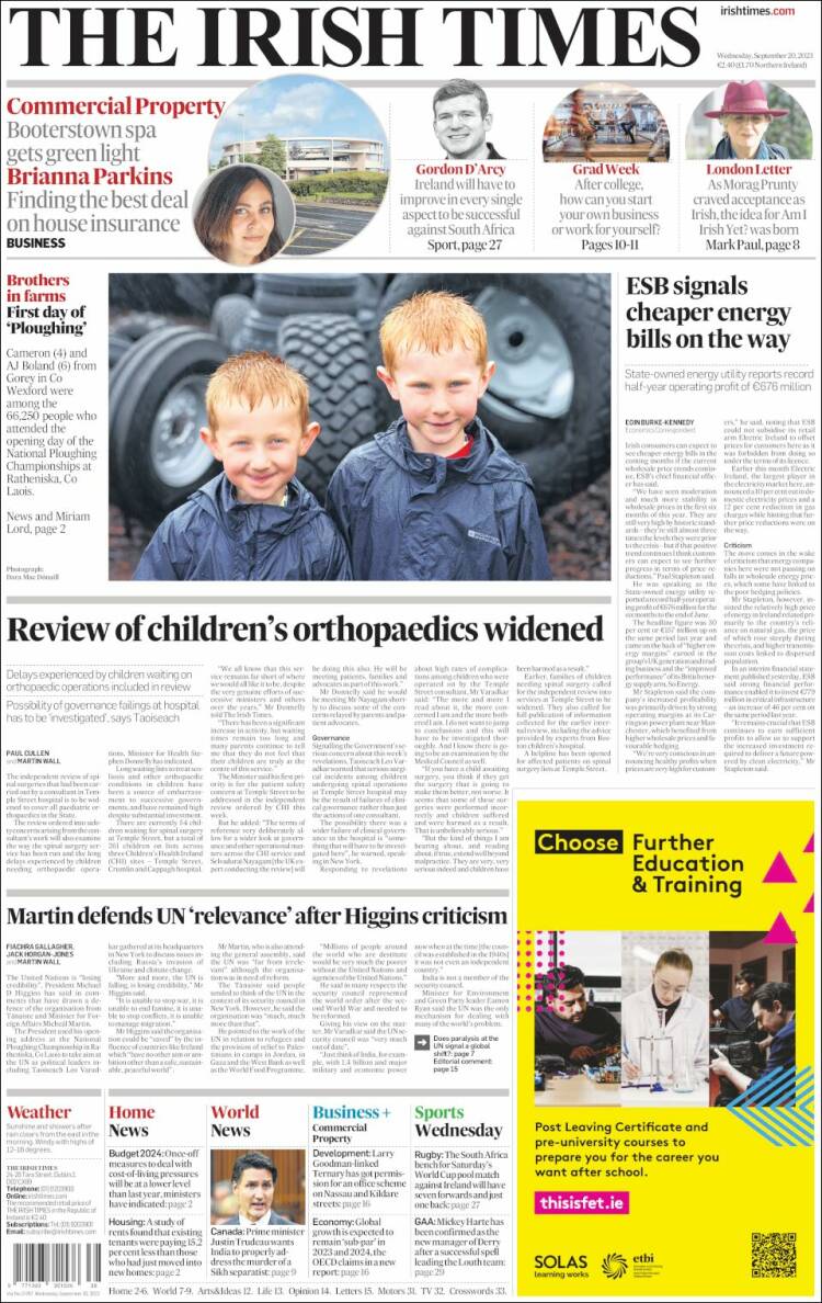 Portada de Irish Times (Irlanda)