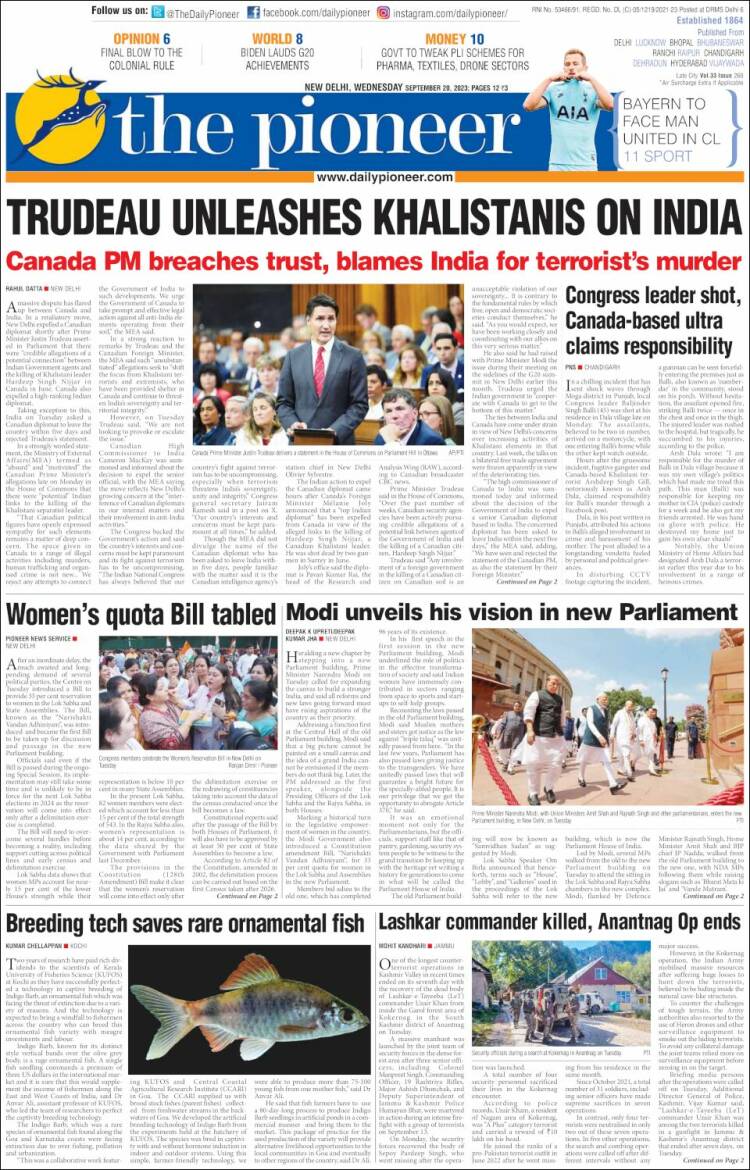 Portada de The Pioneer (India)
