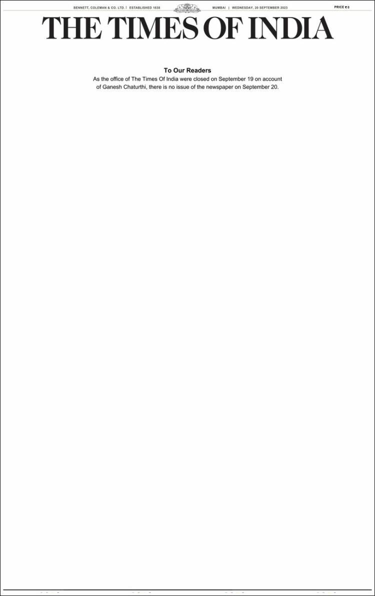 Portada de The Times of India (India)