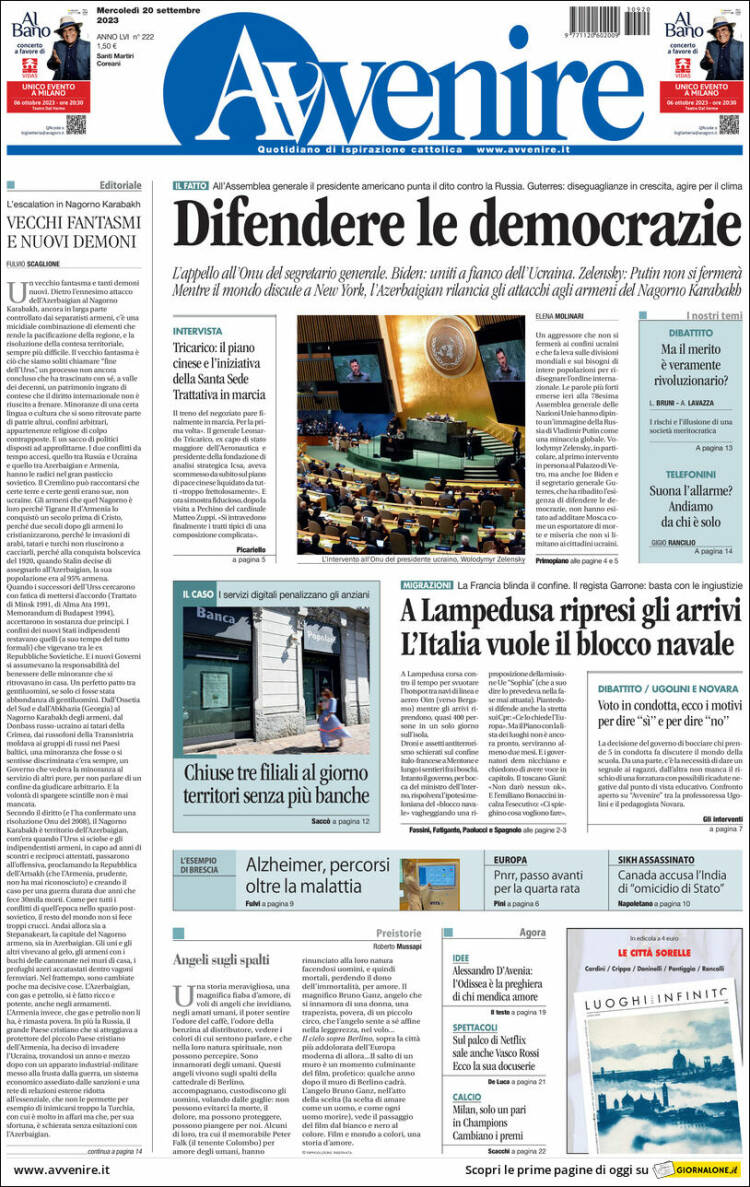 Portada de Avvenire (Italia)